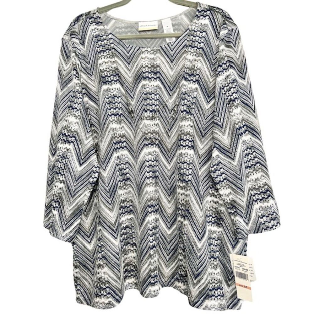 Alfred Dunner NWT Gray Blue Lace Zigzag 2pc Necklace Blouse Womens Plus Size 2X